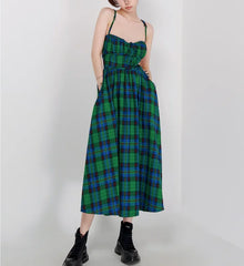 LIZAKOSHT - Sexy Sleeveless Backless Strap Dresses for Women Robe Vintage Green Plaid Long Dress Summer Boho Beach Wear Vestidos