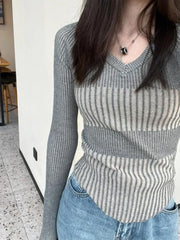 LIZAKOSHT - Vintage Elegant Striped V Neck Sweaters Fashion Slim Women Knitted Y2k Aesthetic Pullovers Korean All Match Grunge Sueter Mujer