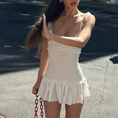 LIZAKOSHT - Spring New Fashionable and Sexy Temperament Black Fungal Edge Folded Strap Top Hundred Fold Skirt Short Skirt