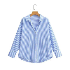 LIZAKOSHT - Women Single-Breasted Button Full Sleeve Loose Leisure Blouses Casual Tops Autumn Lapel Blue White Striped Print Shirt
