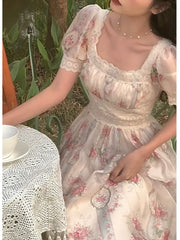 LIZAKOSHT - Summer Romantic Vintage Lace Puff Sleeve France Dress Women Floral Print Square Collar Holiday Dress Female Patchwork Vestidos