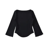 LIZAKOSHT - 4 colors Summer Plain Color Slash Collar Jersey 3/4 Flare Sleeve Tee Women Skinny Slim fit Base Short T-shirts Crop Top Gray