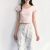 LIZAKOSHT - Short-sleeved Women's T-shirt, New Style, Women's Summer Waist - Cinching and Slimming Knitted All - Match Solid Color Top