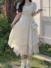 LIZAKOSHT  -  Puff Sleeve Korean Fashion Dress Women Lace France Style Vintage Midi Dress Female White Bandage Princess Retro Sweet Dress