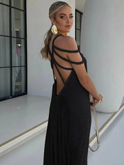 LIZAKOSHT - Fashion Halter Long Dress For Women Sleeveless Backless Draped Slip Lace Up Robe 2025 Summer Elegant Female Daily Beach Dresses