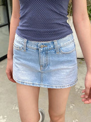 LIZAKOSHT - Blue Denim Mini Skirts Women Low Waist Cotton Straigth Short Faldas Female American Vintage Streetwear All-match Casual Skirt
