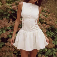 LIZAKOSHT - Elegant Flower Embroid Buttons Dress Sweet Sexy Tank Sleeveless Ruffles Slim Mini Dresses Holiday Party Summer French Women Chic