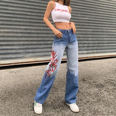LIZAKOSHT - Women jeans Mom Jeans Women Vintage Print Wide Leg Denim Trousers 90s Aesthetic Korean Waist Cargo Pants ripped jeans for women