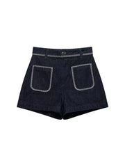 LIZAKOSHT - Fashion Denim Shorts For Women Summer 2025 New Casual Black Zipper Pockets Short Pants Chic Bright Line Decoration Mini Shorts