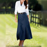 LIZAKOSHT - Denim Skirts for Women Vintage Basics Long Skirt Stretch Washed Distressed Zipper Female Spring Summer Streetwear A Line