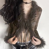 LIZAKOSHT - Vintage Sexy Gothic Tops Women Y2k V-neck Printed Long Sleeve T-Shirts Punk Streetwear Patchwork Grunge Crop Tops Slim