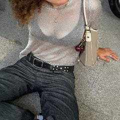 Women Casual Mesh Sheer Long Sleeve Cropped Top Hollow Out Knit Cover Up Shirt