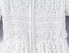 LIZAKOSHT - Dot Print Wood ears Ruched Chest Bow U collar Puff Sleeve Dress Elastic High Waist Pleated Swing Midi Dresses Holiday Robe