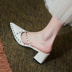 LIZAKOSHT - Leather High Heeled Slippers,Fashion Summer Rivets Shoes Slides,Close Pointed Toe,Outside Wear,Black,Beige,Dropship