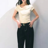 LIZAKOSHT - Short-sleeved Women's T-shirt, New Style, Women's Summer Waist - Cinching and Slimming Knitted All - Match Solid Color Top