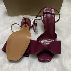 LIZAKOSHT - Brand Open Toe Women High Heels Sandals Patent Leather Large Bow Decoration Ankle Strap Wedding Bridal Dress Shoes for Ladies