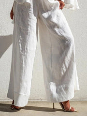 LIZAKOSHT - Solid White Casual Pants for Women Cotton and Linen Pants Elegant High Waisted Loose Female Clothes Wide Leg Trousers