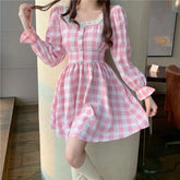 LIZAKOSHT - Dress Square Collar Lace Pink Plaid Beaded Bell Sleeve Autumn Women'S Japanese Mini Lolita Dress With Cute Kawaii Female Dress