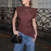 LIZAKOSHT - Fashion Sleeveless T-Shirt Women's Sexy Irregular Pleated Cropped Top 2025 Summer Woman Pullover Round Neck Vest T-Shirt