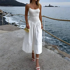 LIZAKOSHT - Elegant New Elegant Sleeveless Elastic Club Dress Casual Female Swing Banquet Long Dress 2024 Women Solid Pleat A-line Dress