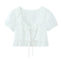 LIZAKOSHT - Sexy White Embroidery Hollow Out Hole Wood ears O neck Short Puff Sleeve Shirt Women Ruffles Hem Front Bow Lacing Up Crop Tops