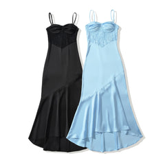 LIZAKOSHT - Fashion Light Blue Satin Ruched Bra Spliced Lace Sling Dress Women Hollow Out Slim Waist Midi Long Asymmetry Dresses Femme Robe