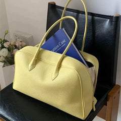 LIZAKOSHT - Korean Cute Lychee Pattern Yellow Handbag Women Leather Minimalist Large Capacity Shoulder Bags Ladies Fashion Casual Boston Bag
