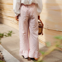 LIZAKOSHT - Plaid Print Pants Women y2k Clothes Elastic Waist Wide Leg Loose Ruffle Hem Trousers Summer Clothing 2000s Streetwear