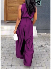 LIZAKOSHT - Deep V-Neck Jumpsuits Sexy Elegant Sleeveless Jumpsuit for Women New Loose High Waist Wide Leg Purple One-piece Pants