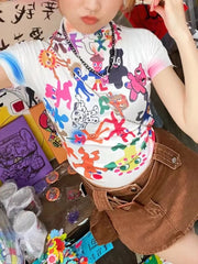 LIZAKOSHT - Y2k Graphic Print T-shirt Short Sleeve Tees Cropped Top Clothes korean Fashion Women's Vintage Streetwear T shirt Summer 2024