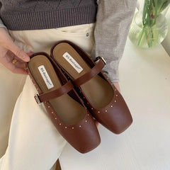 LIZAKOSHT - British Style Mule Slippers Women Flat Heel Shoes Brand Rivet Slide Casual Loafer Casual Flip Flops Female Outdoor Slipper Muje