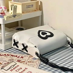 LIZAKOSHT - Korean Y2k Aesthetic Love Heart High Street PU Leather Shoulder Bag Harajuku Vintage Ladies Handbag Fashion Vintage Designer Bag