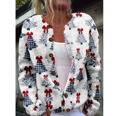 LIZAKOSHT - Women Milled Pit Christmas Tree Button Long Sleeve Lady Casual Extensions Cardigan Gray Coat