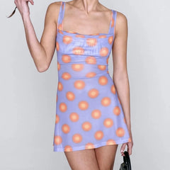 LIZAKOSHT  -  Sexy Women Vintage Big Dot High Strech Mesh Tank Dress Sleeveless A-line Mini Ladies Summer Dresses Short Robe