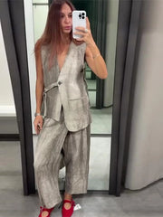 LIZAKOSHT - Casual Tie-dyed Lace Up Women Tank V-neck Sleeveless Single Button Loose Female Vest 2024 Spring Summer New Fashion Lady Tops