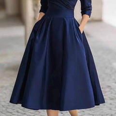 LIZAKOSHT - Women Elegant Wedding Guest Satin Dress Turndown Collar Mid-Length Waisted A-Line Evening Dress Cocktail Party Midi Dresses