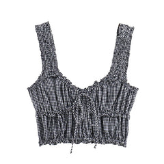 LIZAKOSHT - New Women Ruffled Trim Plaid Tank Top Sexy Sleeveless V Neck Female Summer Crop Top