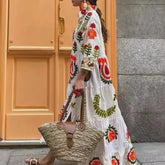 LIZAKOSHT - Women's Floral Long Shirt Dress 3/4 Sleeve Lapel Neck Button-up Flowy Loose Dresses