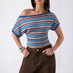 LIZAKOSHT - Colorful Bohemian Y2K Spicy Retro Hollow Knitted T-Shirt Asymmetrical Shoulder Line Batswing Sleeve Waist Cinched Top
