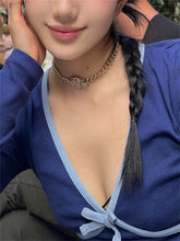 LIZAKOSHT Contrast V-Neck Tee Bow T-shirt Pullover Cropped Y2k Top Summer Elegant Long Sleeve Female Crop top Tee Cute T-Shirts New