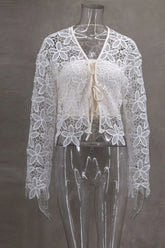 LIZAKOSHT - Cute Women's V-Neck Long Sleeve Cardigan Summer Sunscreen Casual White Color Versatile Hollow Lace-Up Design