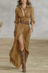 LIZAKOSHT - Women's Fall 2026 Sexy Solid Color Irregular Pleated Belted Dress
