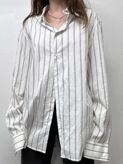 LIZAKOSHT - Striped Print Loose Shirt for Women Casual Single-breasted Oversized Blouses Streetwear Fashion Turn-down Neck Top