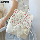 LIZAKOSHT - Korean Girls Fashion Flower Print Backpack Women Students Kawaii Bow Bandage Schoolbags Sweet Y2k Aesthetic All Match Backpacks