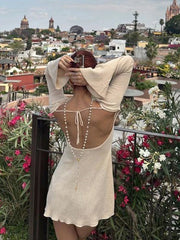 LIZAKOSHT - Knitted Lace Up Mini Dress Women Elegant Sleeve O-neck Backless Long Flare Solid Party Dresses 2024 Autumn Fashion Lady Robes