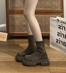 LIZAKOSHT - New Autumn Winter Flock Boots for Women Thick Bottom Platform Knee High Boots Ladies Solid Color Slip-on Shoes