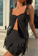 LIZAKOSHT - Fashion Casual Two-piece Suit Sexy Hollow Pleated Short Skirt Hot Girl Women's Clothing