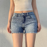 LIZAKOSHT - Rhinestone Detail Fashion Frayed Jeans Shorts Y2K Vintage Blue Summer Casual Stylish Women Denim Shorts Streetwear