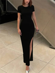 LIZAKOSHT - Summer Black Fashion Maxi Dress For Women High Waist Short Sleeve Side Split Sexy Party Dress Gown Female Bodycon Dress