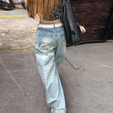 LIZAKOSHT - Women's Jeans Vintage Printed High Waist Zipper Pockets Straight Leg Trousers Female Spring Fashion Woman Clothes Outwears